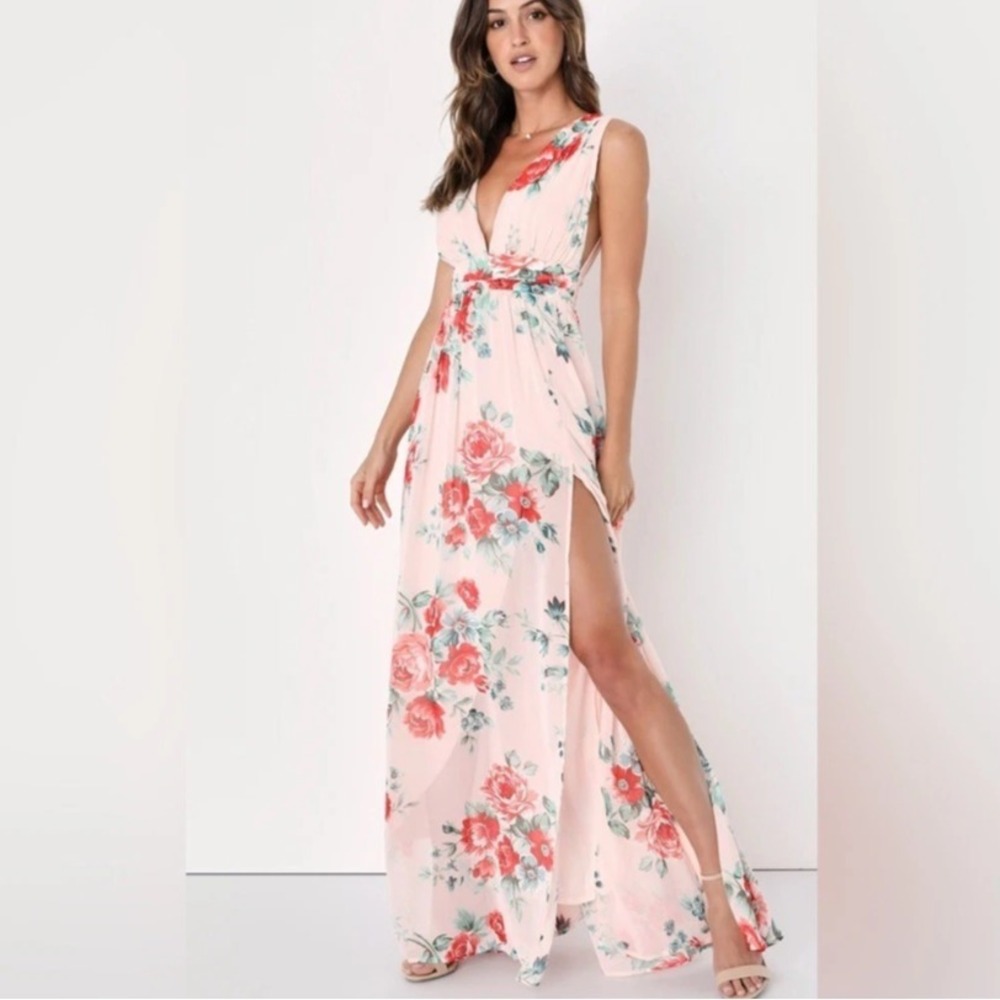 LULUS Garden‎ Meandering Blush Floral Print Maxi Chiffon Dress SIZE L Wedding